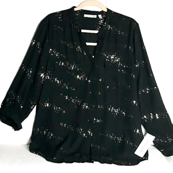 Notations Black Sequin Embellished Long Sleeve Buttons up Blouse - Picture 3 of 7